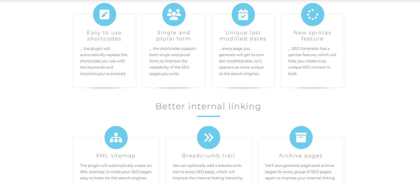 SEO Generator key features including bulk SEO page creation, spintax content rotation, keyword management, and internal linking optimization