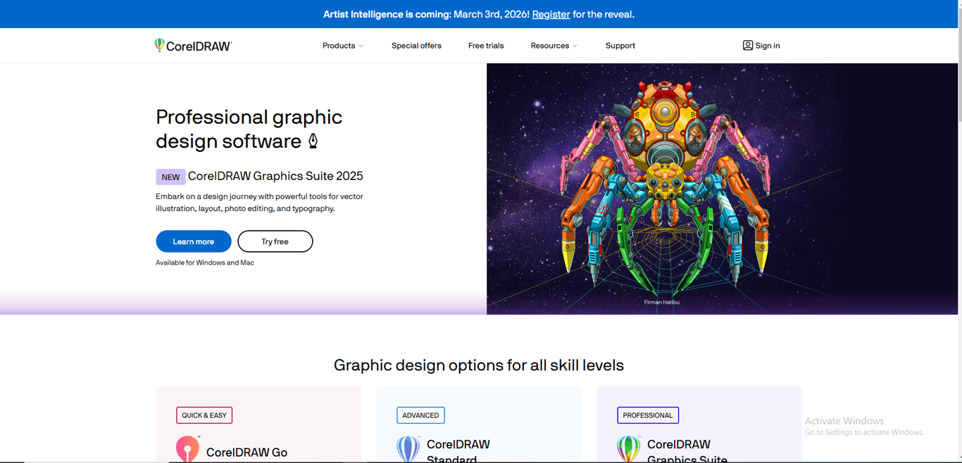 CorelDRAW official website interface for graphic design software