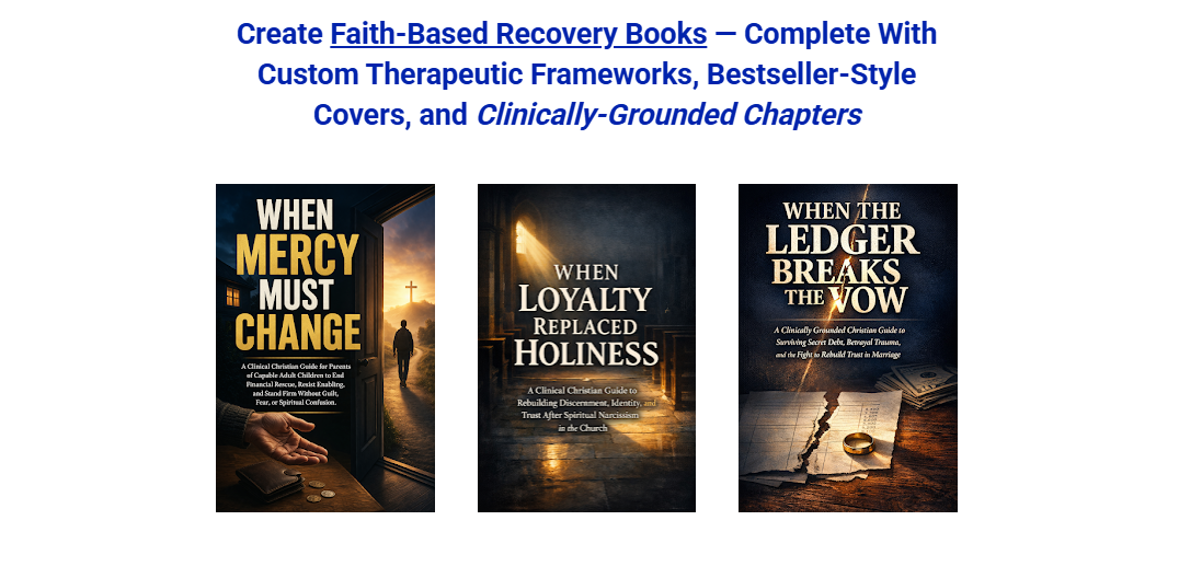 Three Christian self-help book covers focused on faith-based recovery and therapeutic frameworks