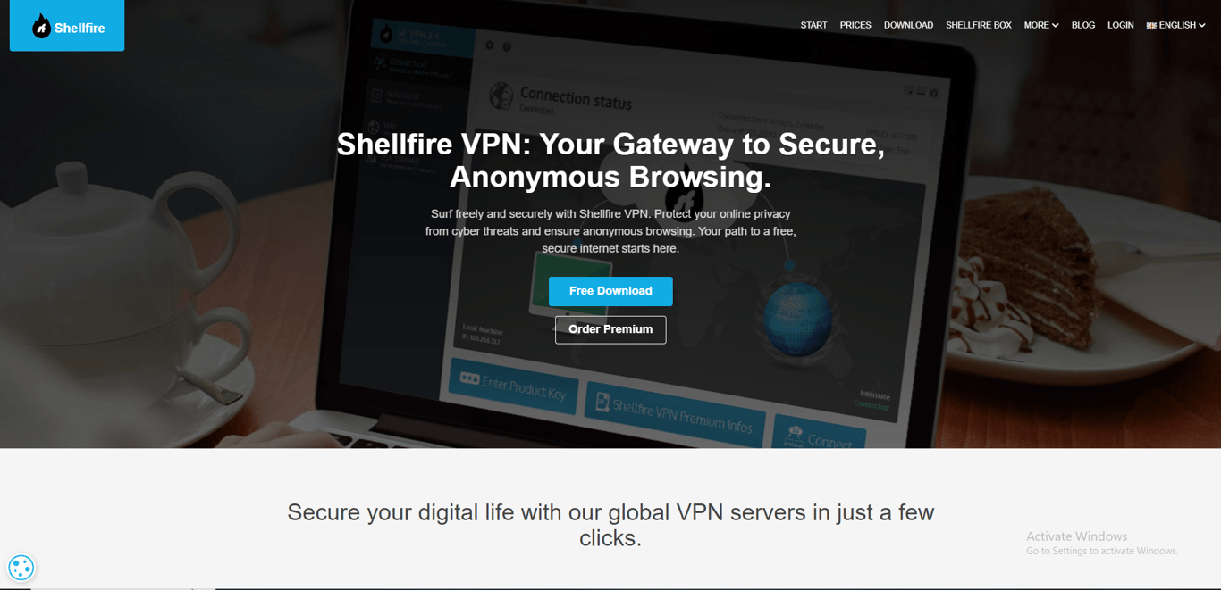 Shellfire VPN application dashboard showing secure connection status