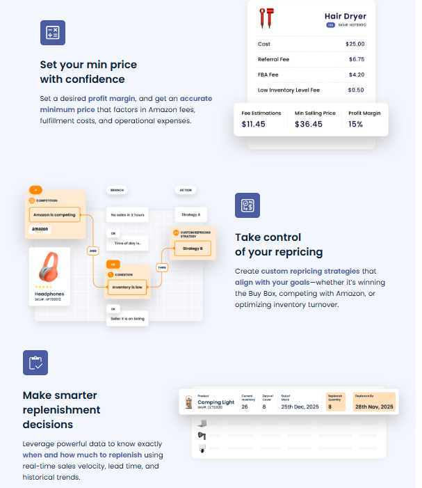 seller-snap-repricing-logic-showing-minimum-price-setup-custom-strategies-and-inventory-replenishment-data