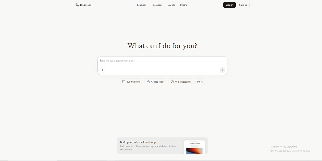 Manus AI homepage