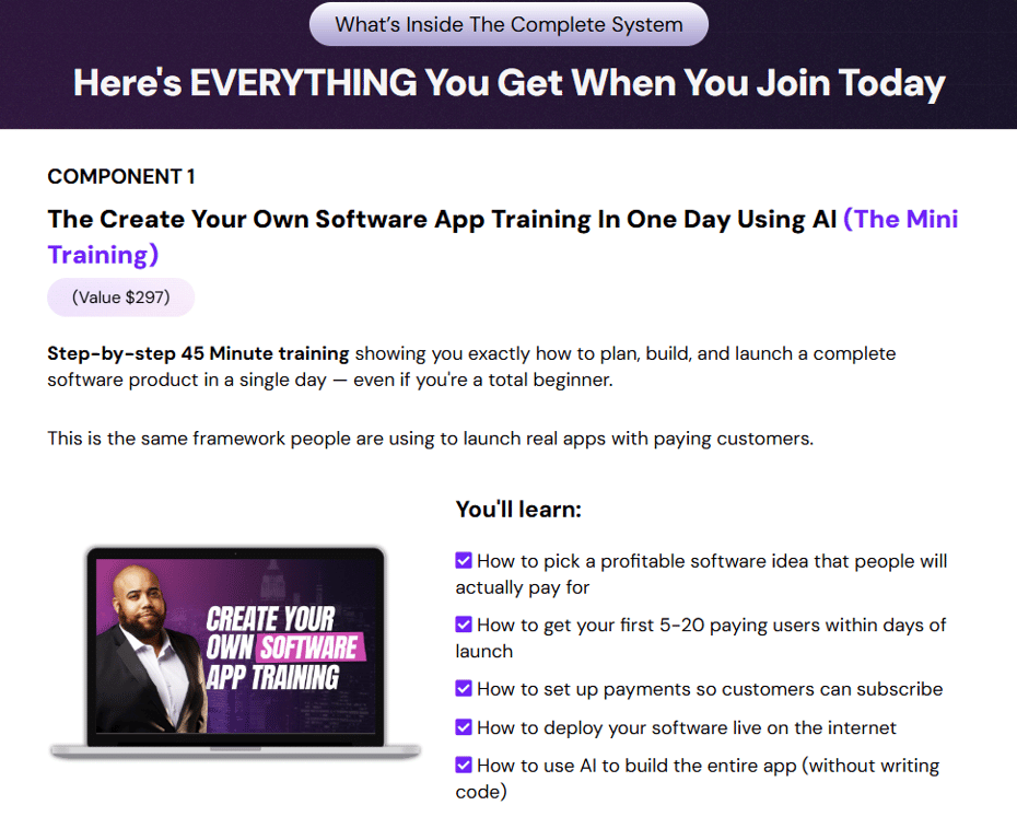 Create-Your-Own-Software-App-Training-component-one-details-showing-forty-five-minute-step-by-step-video