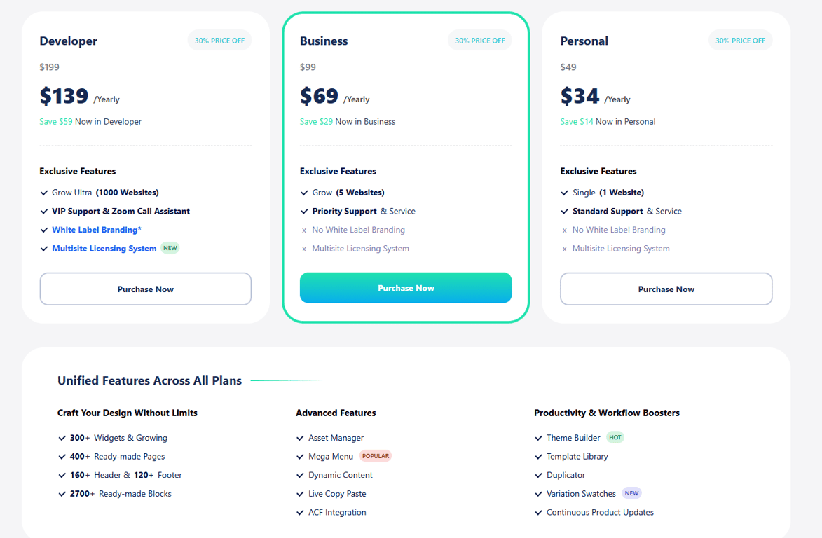 Detailed Element Pack license pricing table for individuals freelancers and WordPress agencies using Elementor