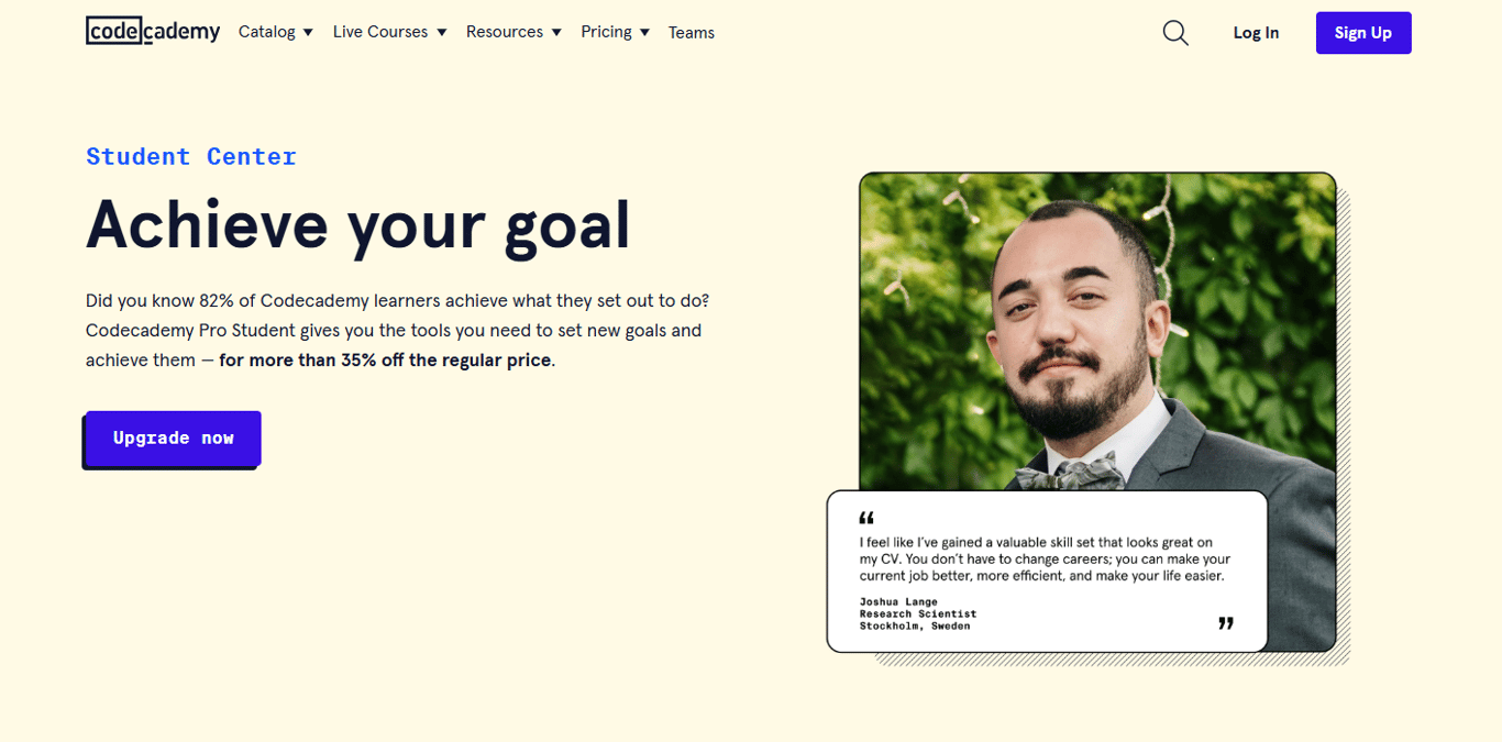 Codecademy-Pro-student-membership-banner-with-user-review-offering-over-thirty-five-percent-off-pricing
