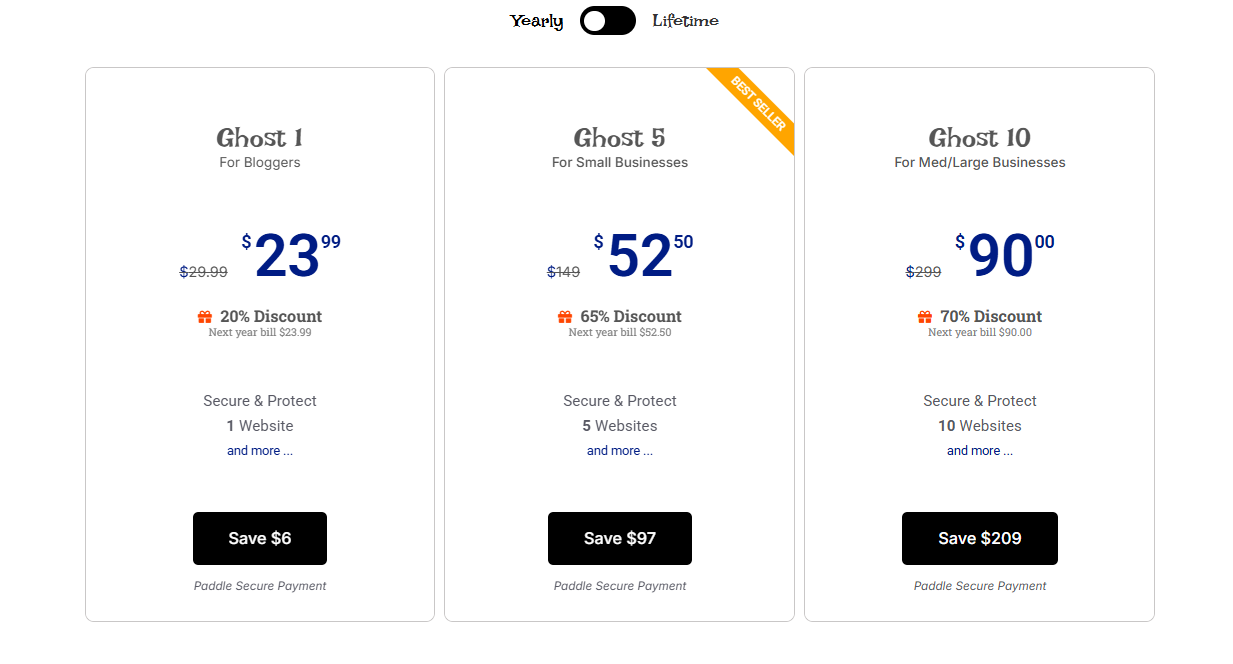 Pricing table for Hide My WP Ghost WordPress security plugin licenses for individuals and agencies