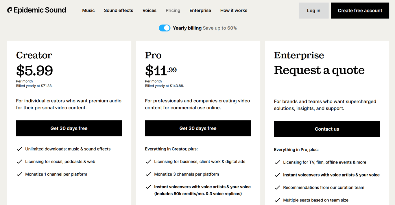 Epidemic Sound subscription pricing interface displaying plans for royalty free music and sound effects used by content creators and digital marketers