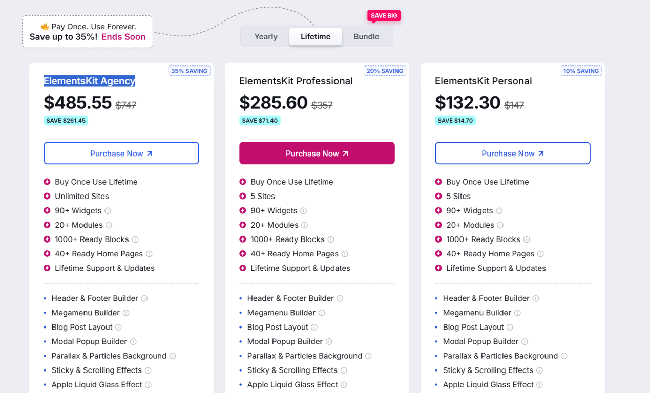 ElementsKit Pro pricing table optimized for Elementor users looking to save costs