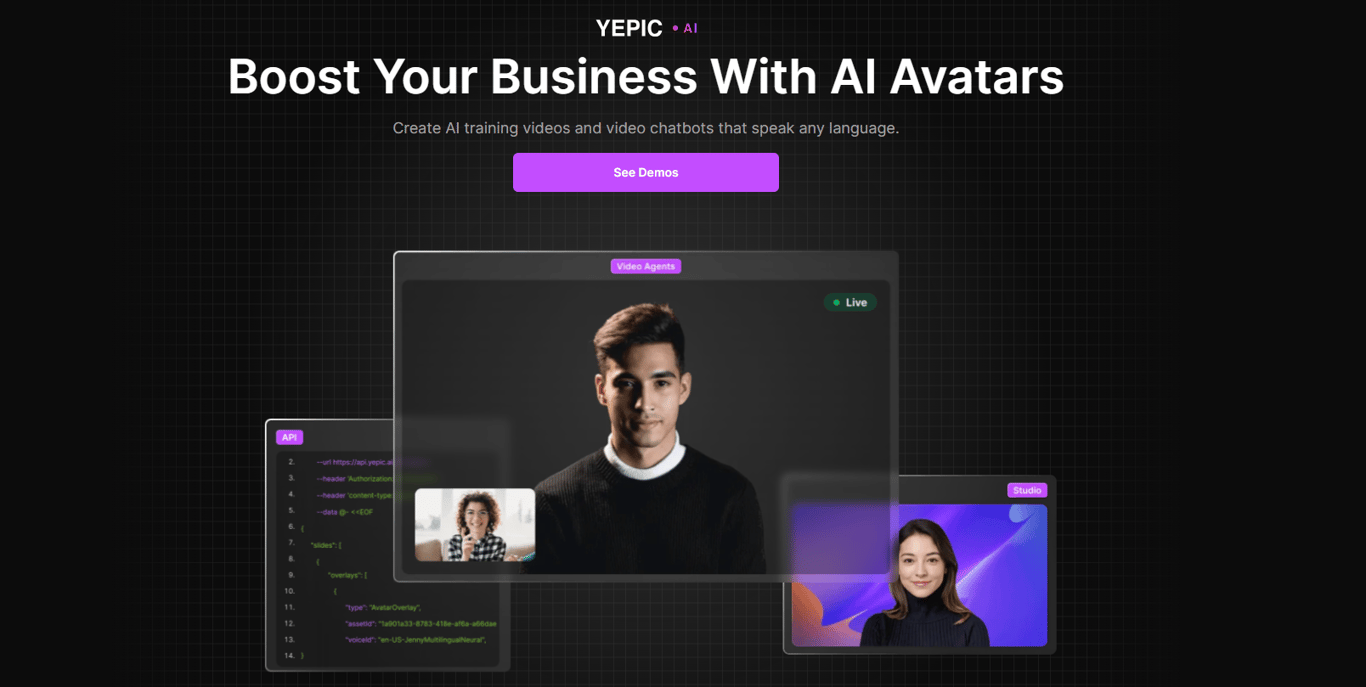 Dark-themed-web-interface-promoting-interactive-video-agents-and-automated-training-workflows