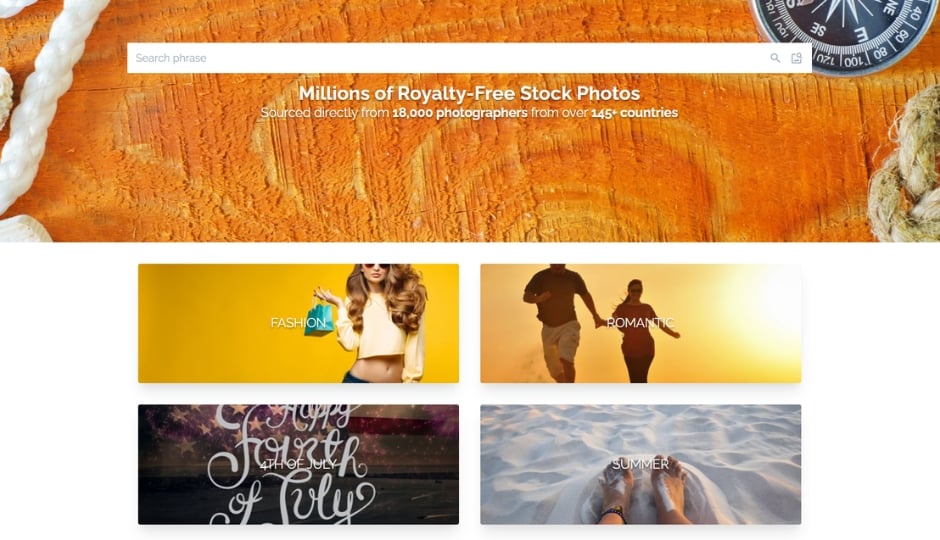 UnlimPhotos cloud-based stock photography dashboard with advanced search bar and high-resolution royalty-free image previews for marketers and designers