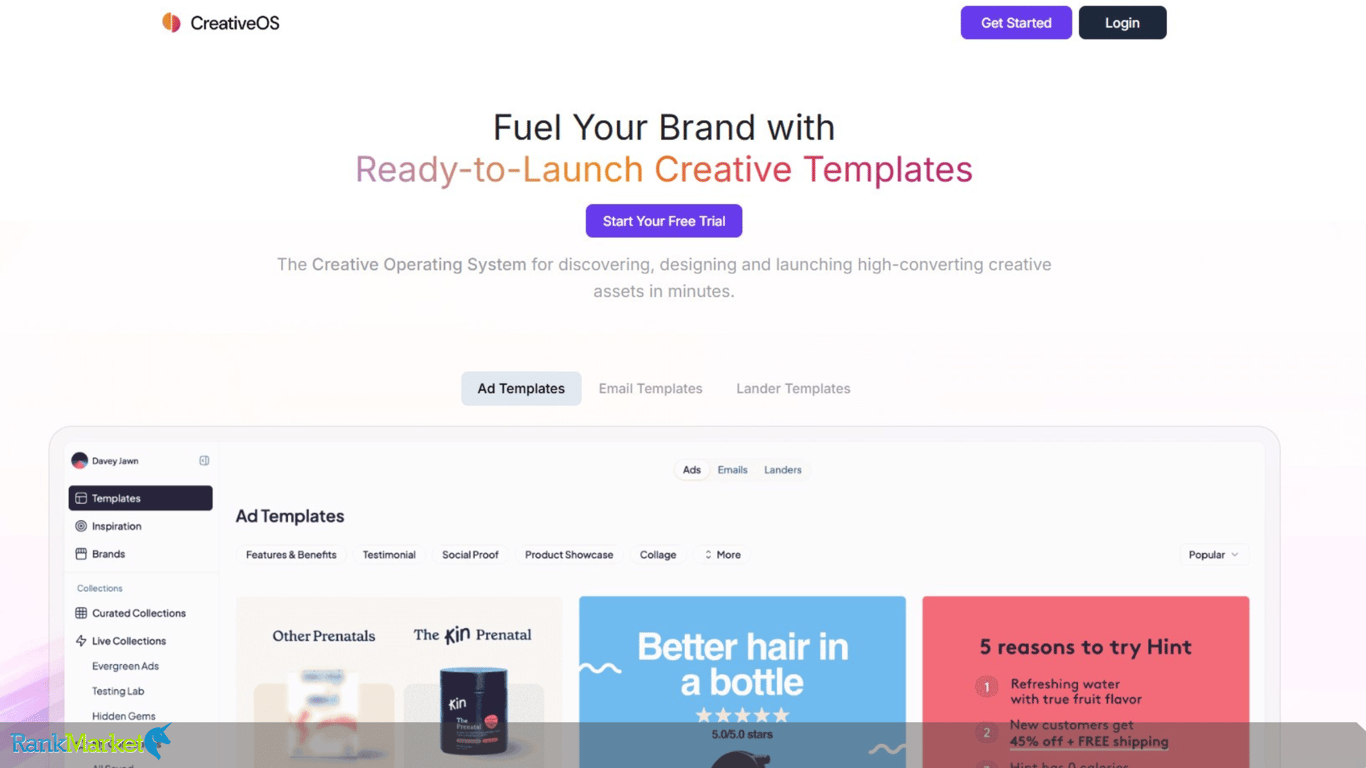Creativeos Dashboard With Library Ad Templates, Emails, Landing Pages.