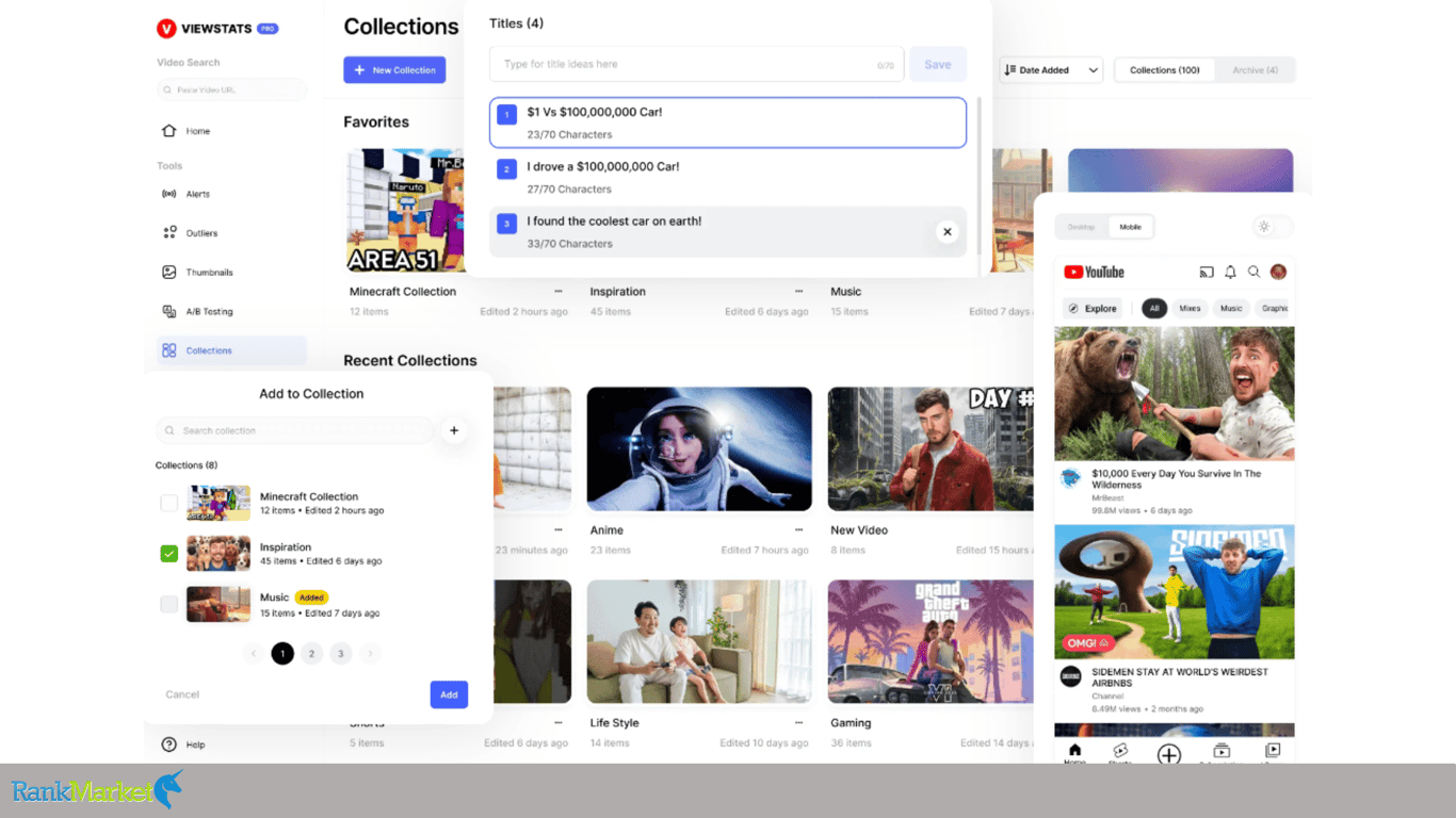 Image Showing The Collections Feature In Viewstats Pro, Allowing You To Save Videos, Thumbnails, And Ideas As Collections.