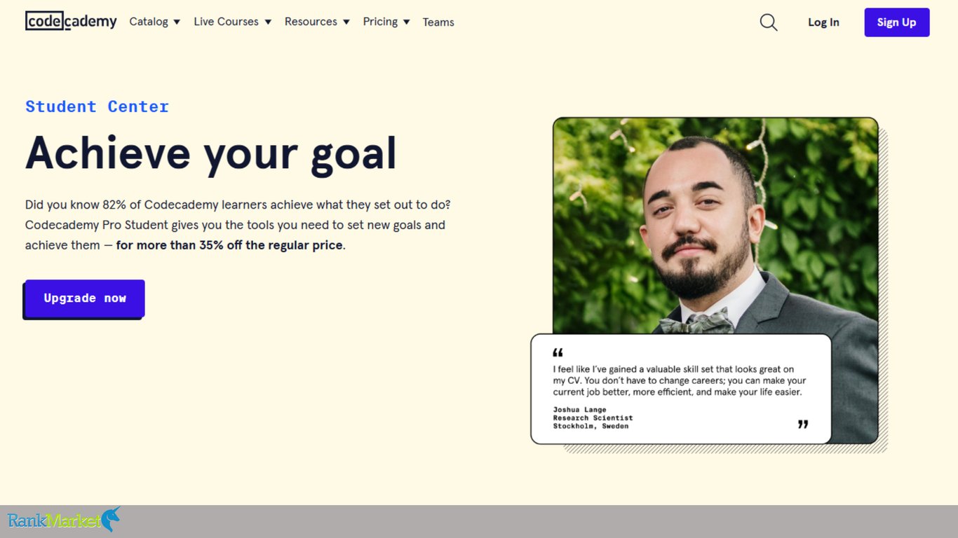 Codecademy-Student-Center-Page-Titled-Achieve-Your-Goal-Featuring-A-Student-Testimonial-And-An-Upgrade-Button-Offering-Thirty-Five-Percent-Off