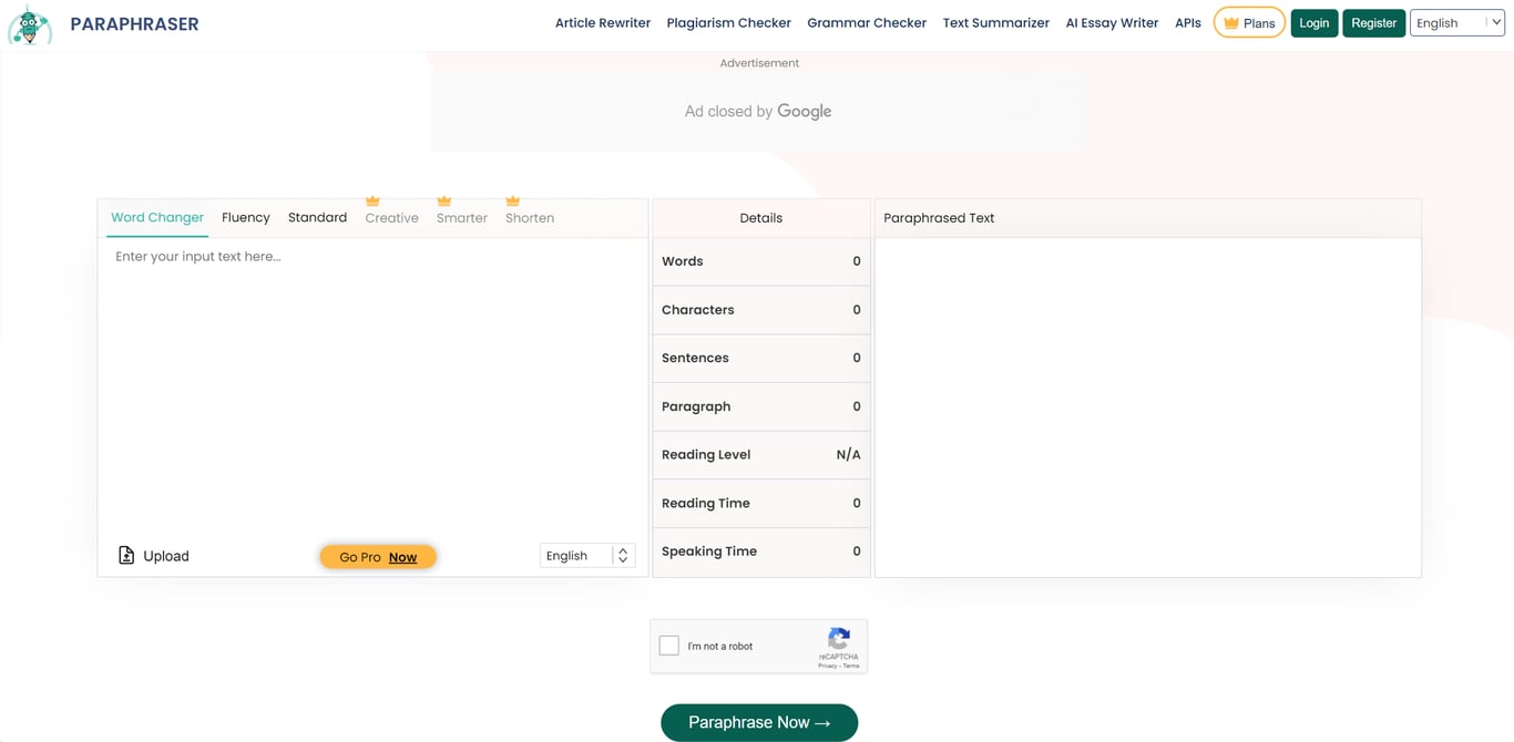 Paraphraser online tool website interface