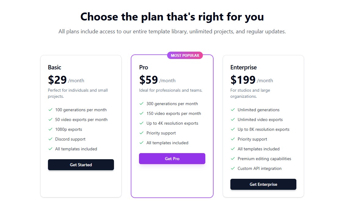 Motionvid.ai Enterprise account price list on the homepage