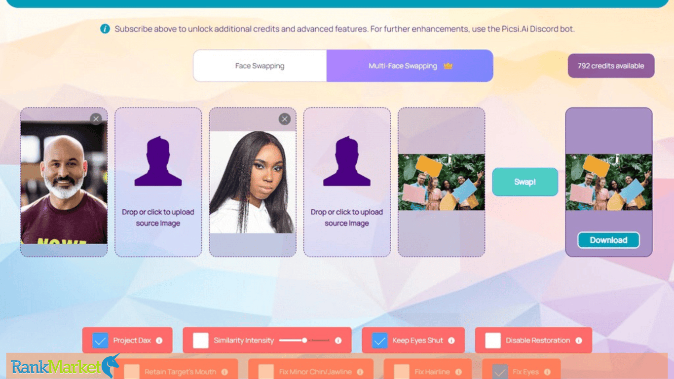 Picsi.ai Web App Direct Face Swap Interface