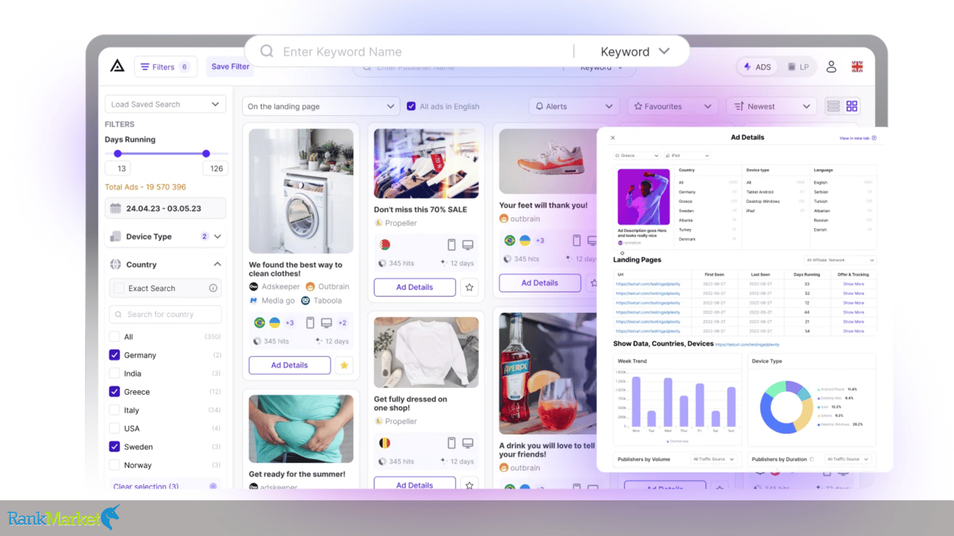 Adspy Desktop Interface With Smart Filters And Full Landing Page Download For Competitor Analysis.