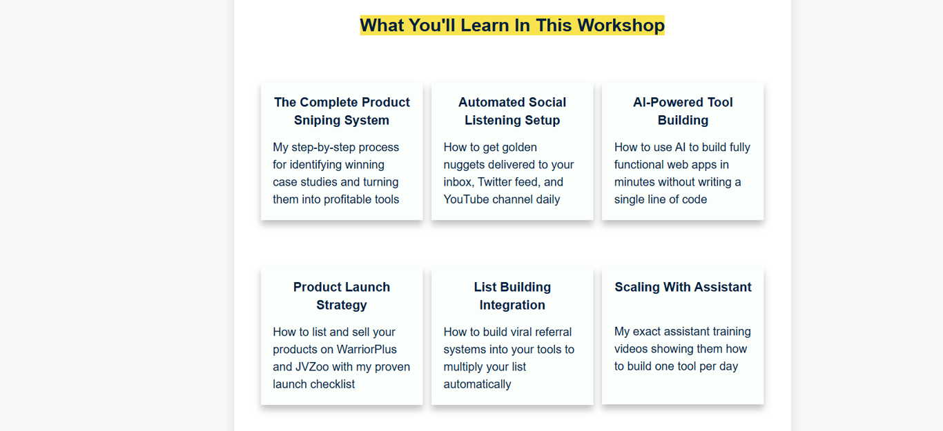 6 Figure Product Sniping Workshop training content overview including modules, bonuses, and implementation materials