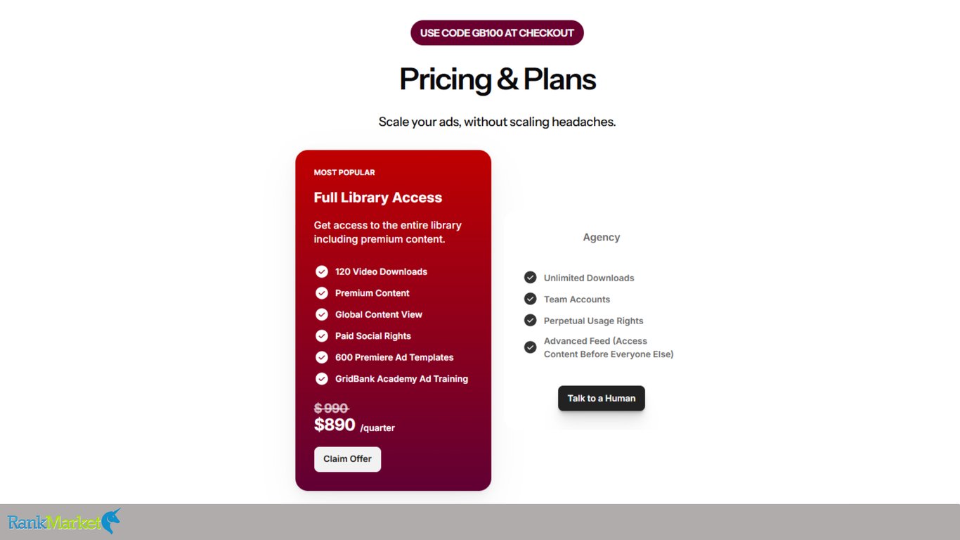 Gridbank-Pricing-And-Plans-Page-Featuring-The-Full-Library-Access-Card-At-890-Dollars-Per-Quarter-And-A-Custom-Agency-Tier