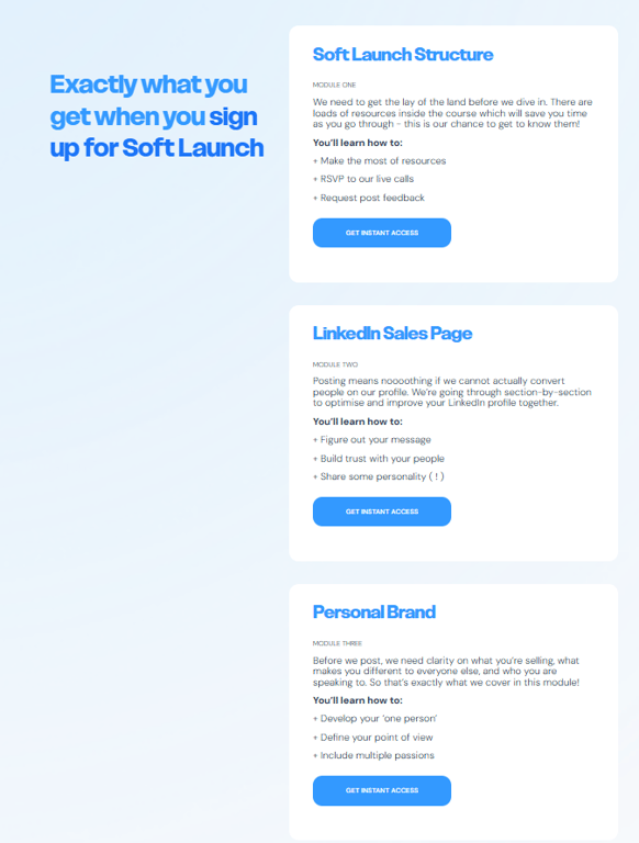 Soft-launch-course-modules-covering-soft-launch-structure-linkedin-sales-page-and-personal-brand