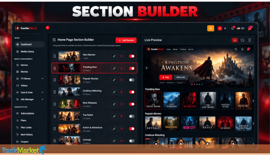 Castleflix Ai Admin Section Builder With Subscription, Plans And Coupon Menus Beside A Live Preview