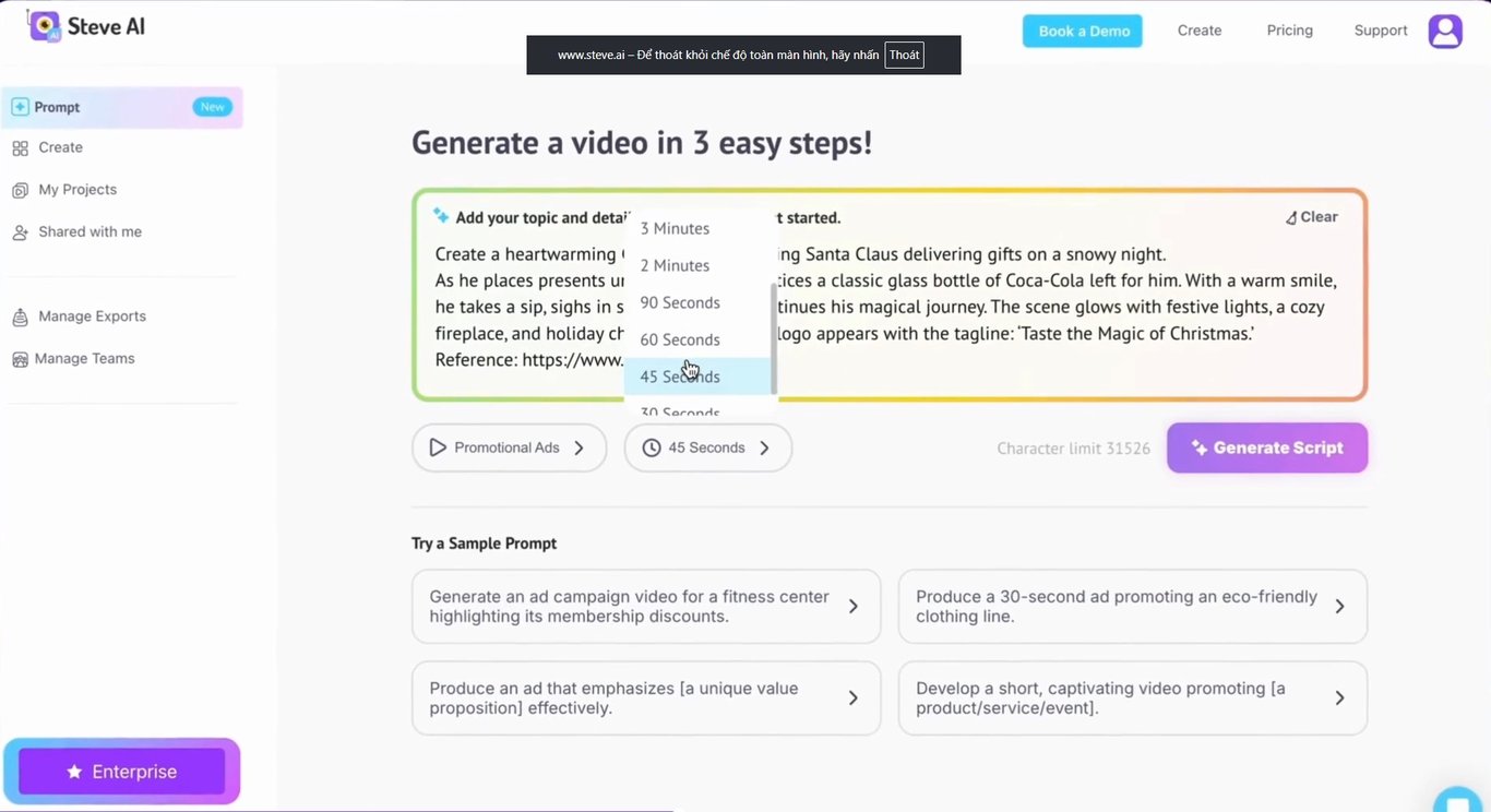 Steve AI's idea video creation feature
