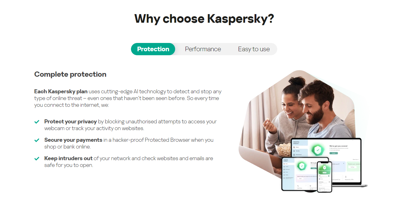 Kaspersky Total Security dashboard showing malware protection, privacy tools and device management features