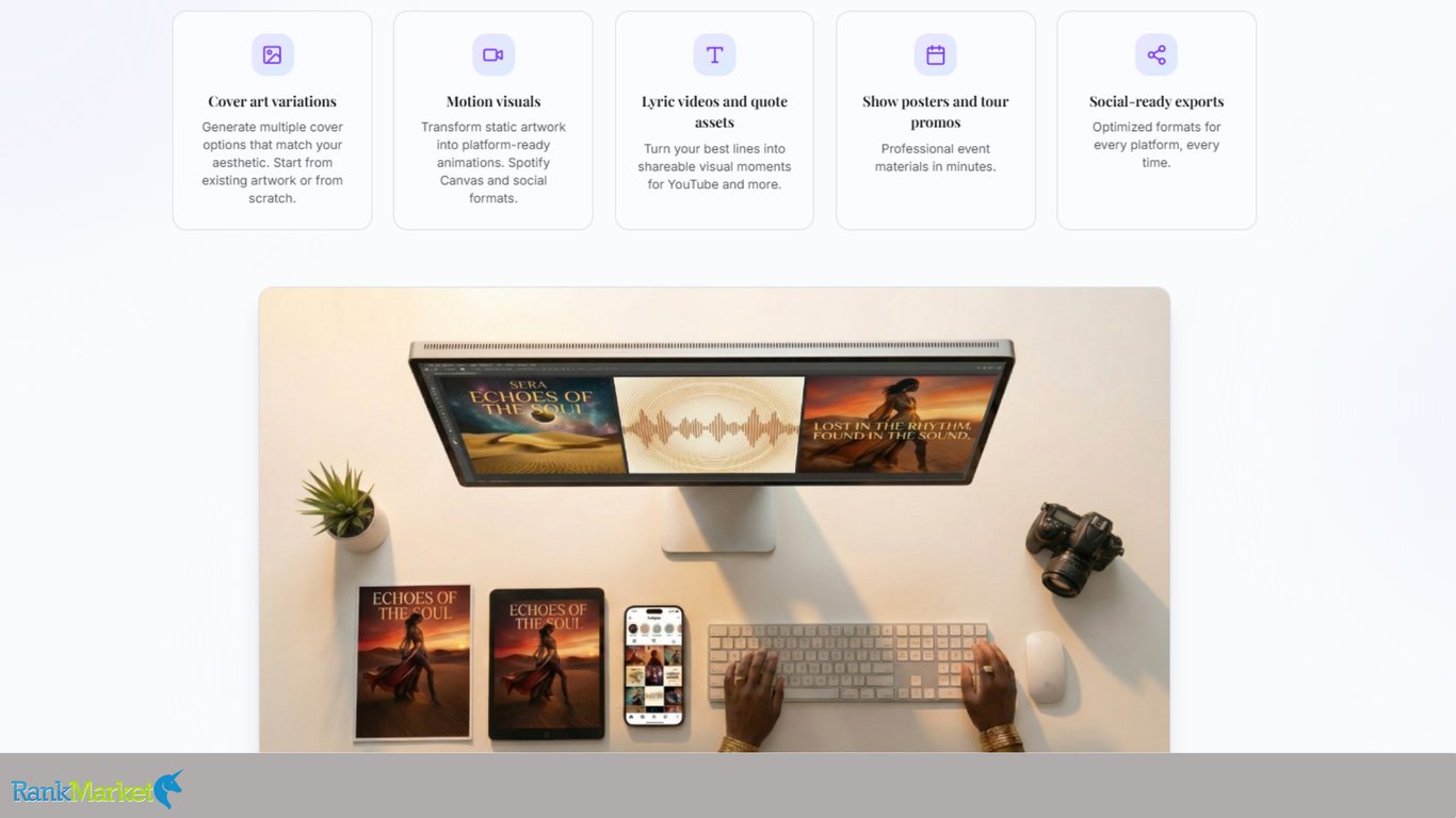 Feature-Cards-Detailing-Cover-Art-Variations-Motion-Visuals-Lyric-Videos-Show-Posters-And-Social-Ready-Exports-Above-A-Top-Down-View-Of-A-Workspace-With-A-Monitor-Displaying-Album-Art