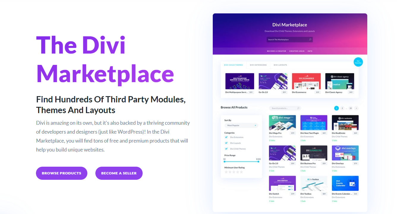 Divi Marketplace showcasing community-built extensions, plugins, and layout packs