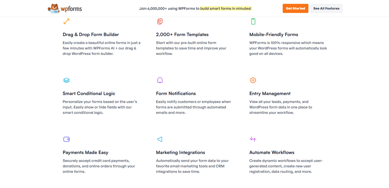 WPForms drag-and-drop interface showing flexible, functional tools for fast form creation on WordPress