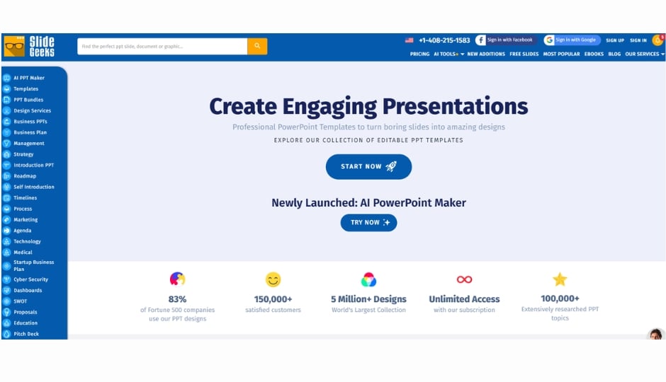 SlideGeeks online dashboard displaying professional PowerPoint templates for business strategy, marketing frameworks, and financial reporting slides