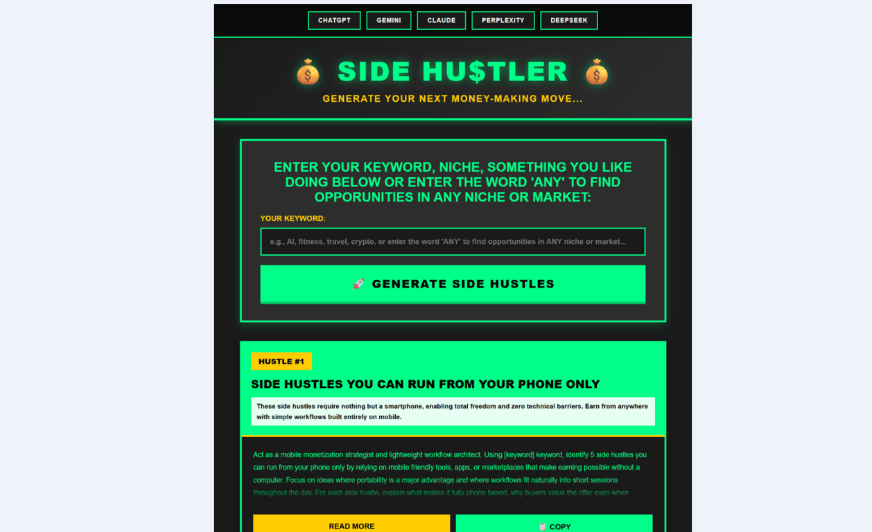 Inside Side Hustler Unlimited training area with real examples of side hustle ideas