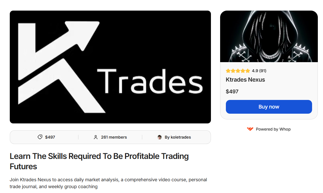 Ktrades-Nexus-community-page-on-whop-platform-featuring-profitable-trading-futures-course-by-koletrades