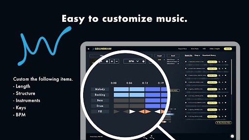 SOUNDRAW – interface for selecting mood and theme to automatically generate music.
