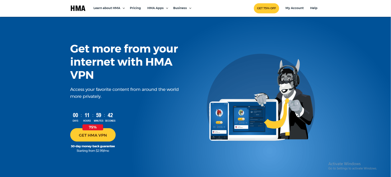 HMA VPN app interface.