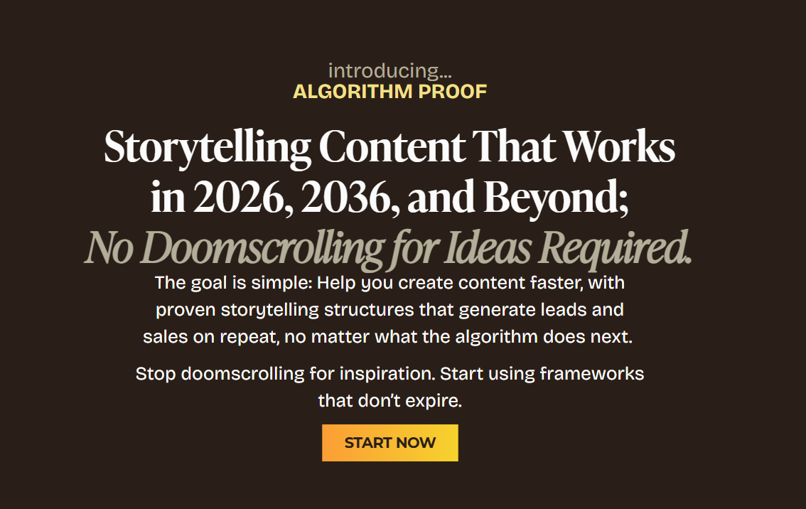 Algorithm-Proof-course-sales-page-hero-banner-introducing-evergreen-storytelling-content-frameworks