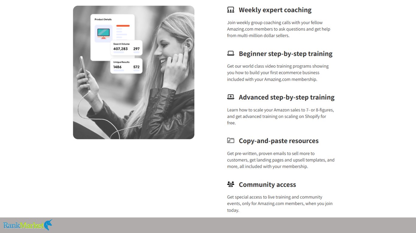 Training-And-Resources-Benefits-List-Next-To-A-Woman-Listening-To-E-Commerce-Video-Coaching-On-Her-Smartphone