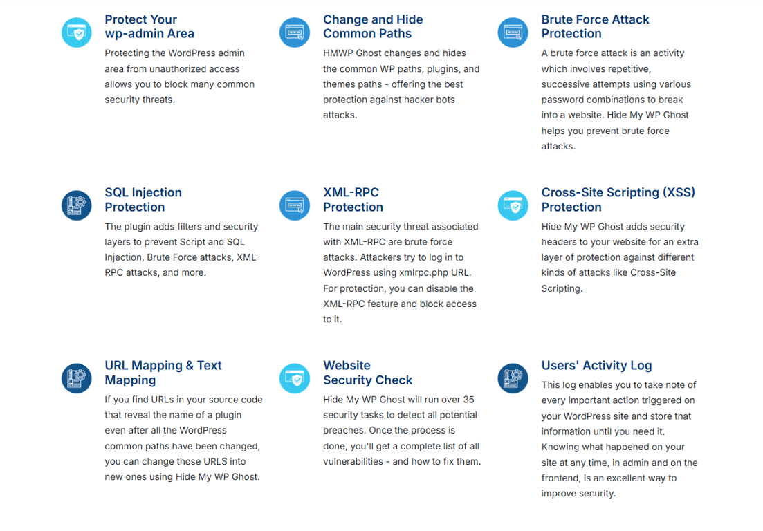 Hide My WP Ghost features overview including 7G and 8G firewall login protection admin URL masking and brute force defense
