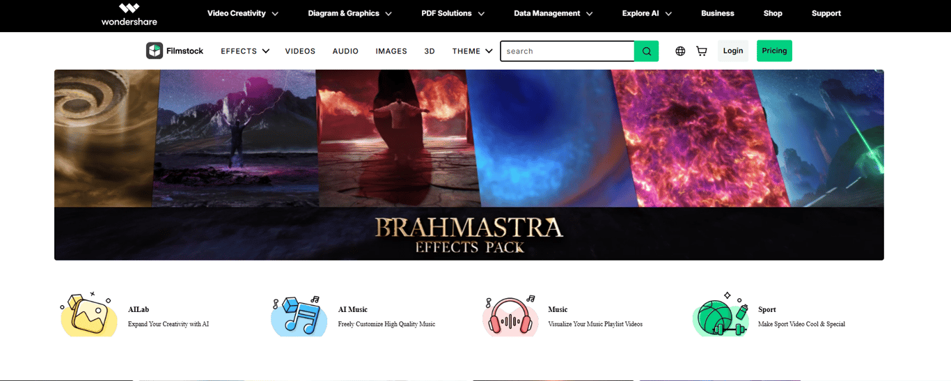 Wondershare Filmstock homepage interface showcasing a wide variety of videos, images, music tracks, and motion graphics for creators
