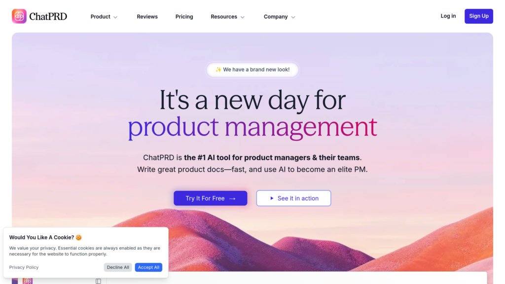 ChatPRD AI website interface for product management tool