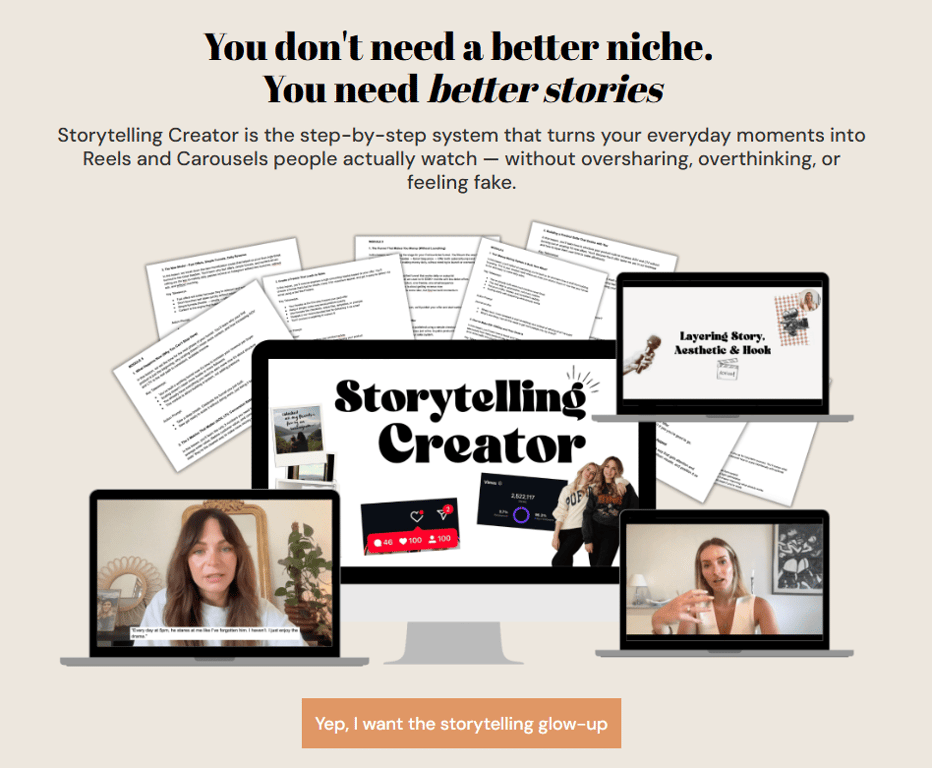 Storytelling-Creator-course-sales-page-banner-featuring-layering-story-aesthetic-and-hook-laptops-mockup