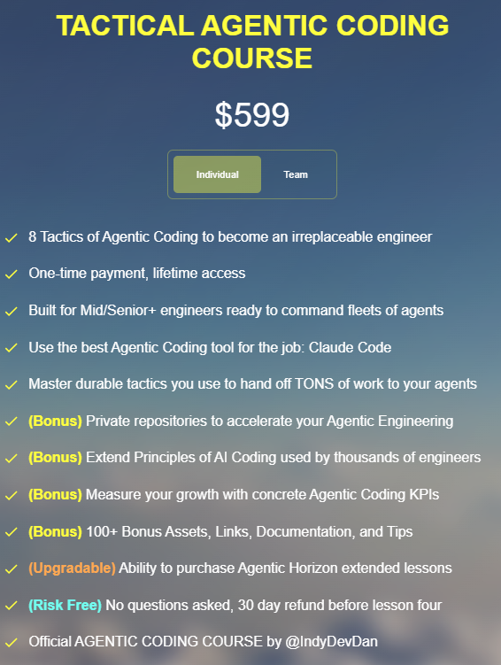 Tactical-Agentic-Coding-course-individual-pricing-and-lifetime-access-benefits-list