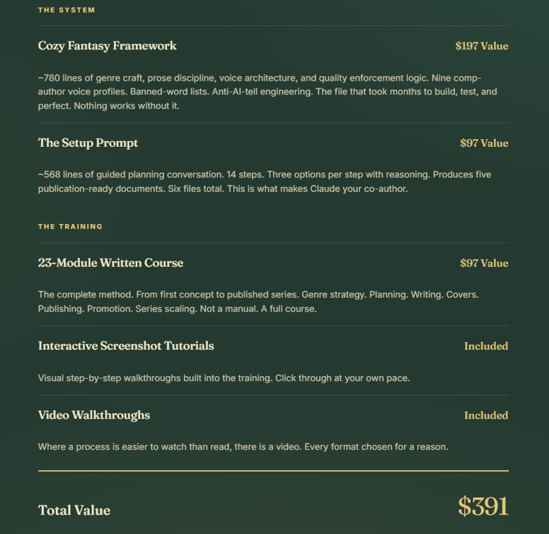 cozy-co-author-pricing-and-included-assets-showing-framework-prompts-and-written-course-value