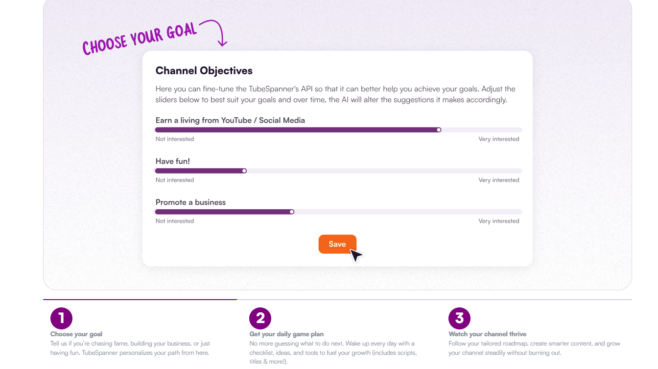 tubespanner-channel-objectives-interface-showing-social-media-goals-and-three-step-growth-plan