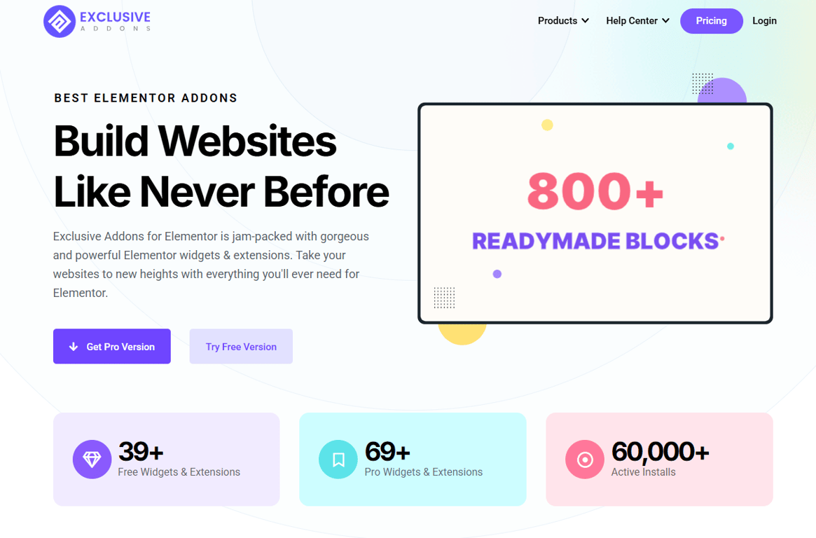Exclusive Addons official homepage interface displaying Elementor extension system with premium widgets advanced modules and design features