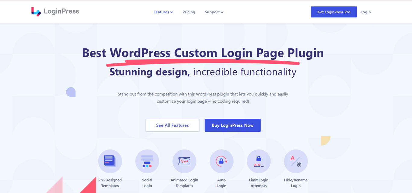 LoginPress WordPress plugin interface showing how to visually customize the login page without writing code