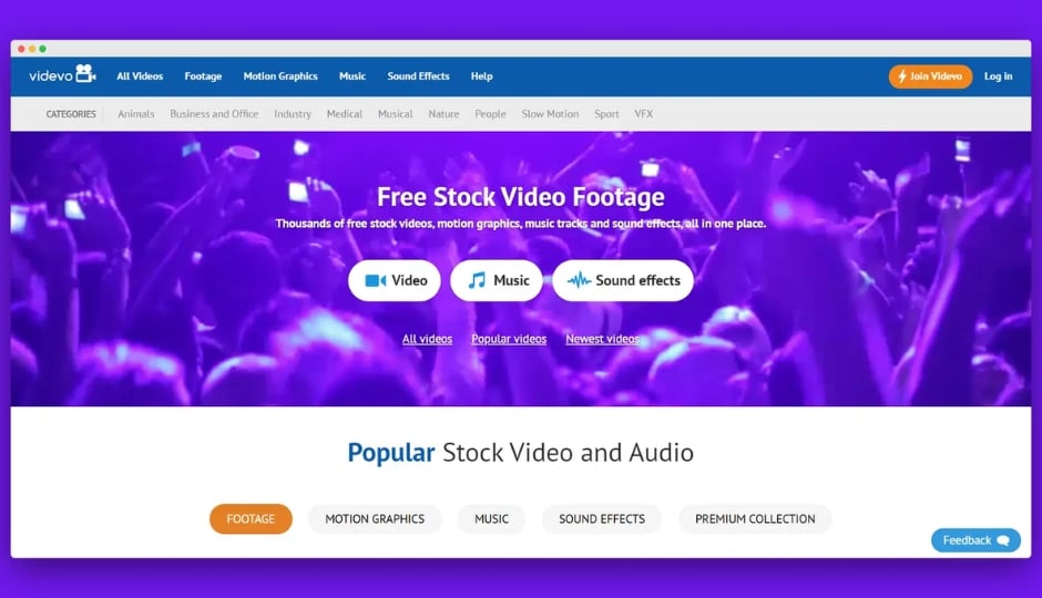 Videvo Pro dashboard showing categorized stock footage, motion graphics templates, royalty-free music tracks, and advanced search filters for video creators