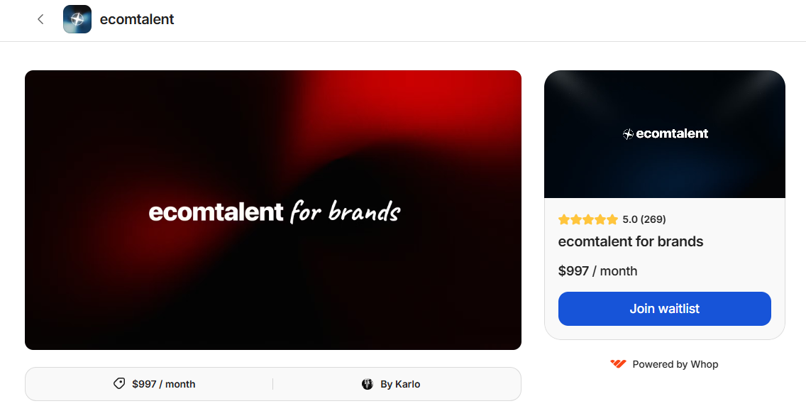 ecomtalent-for-brands-community-page-on-whop-platform-featuring-hiring-pipeline-by-Karlo
