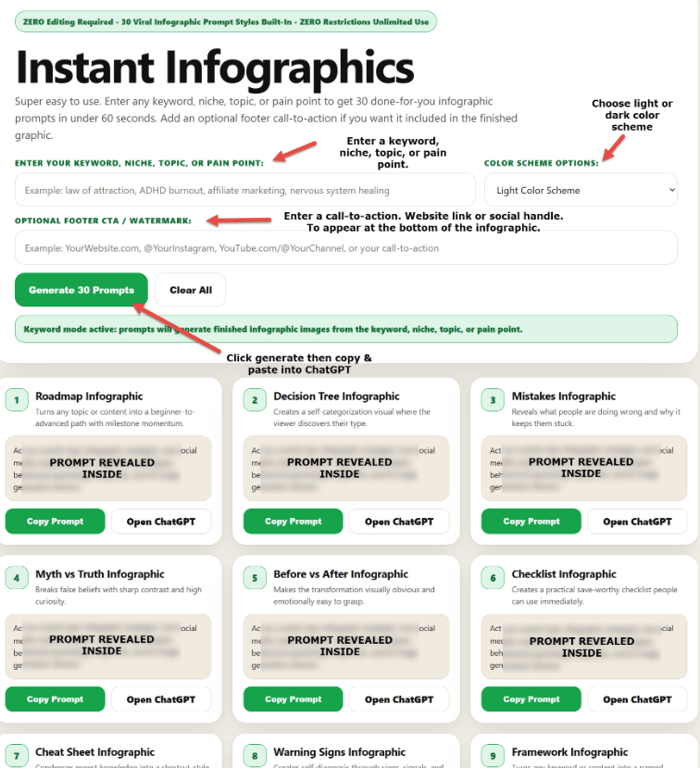 Instant-Infographics-dashboard-showing-input-fields-color-scheme-options-and-thirty-viral-prompt-styles