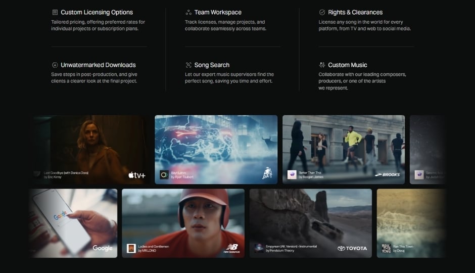Musicbed licensing tools overview including team collaboration workspace, custom composition service, and downloadable watermark-free audio files